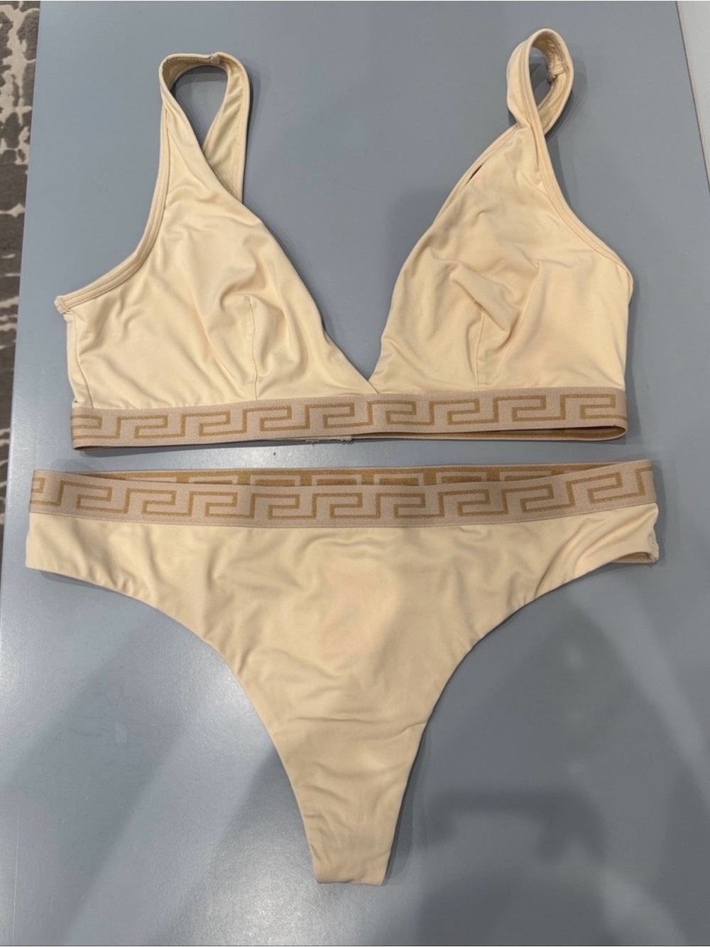 Versace Beige Two-Piece Bikini Set with Geometric Waistband